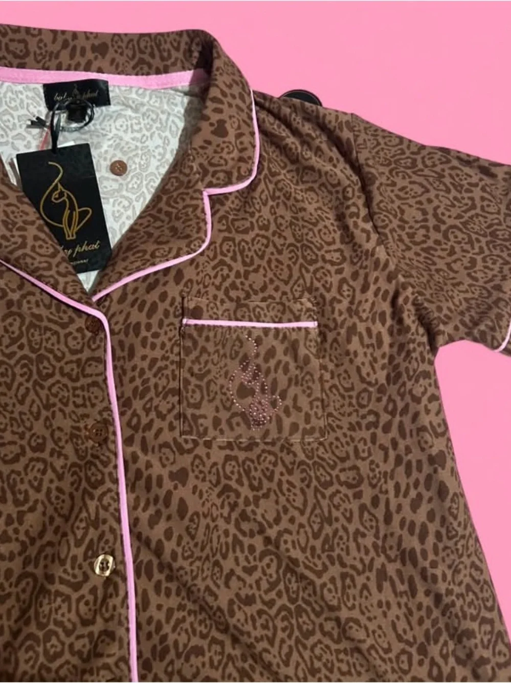 Baby Phat Brown Leopard Short Pajama Set with Pink Trim